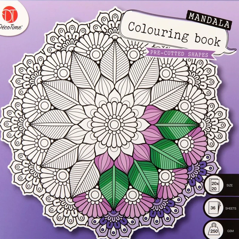 Deco Time - Mandala Anti-Stress Coloring Book Thick Paper 250 gsm Pre-Cutted Shapes 36 Sheets Size 20 x 20 cm – Purple Cover (3219371)